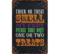 Trick or Treat Smell My Feet Please Take Only One or Two Treats Metal Tin Sign Retro Vintage Wall Art for Halloween Party Kitchen Cafe Porch Home Front Door Wall Decoration Plaque Poster 8x12 Inch