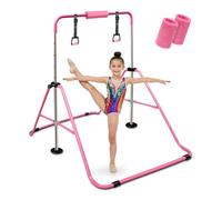 Triclicks Gymnastics Bar, Folding Horizontal Bar with Gymnastic Rings/Pad/Wristband,Gymnastics Equipment, Adjustable Height Junior Training Bar Kip Bar, for Home Gym Indoor, Birthday gift (Pink)