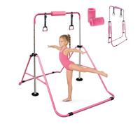 Triclicks Gymnastics bar with bar Pads/Rings/Gloves, Foldable Horizontal Bar, Adjustable Height Training kip bar, kids Gymnastics Equipment, Junior Flexibility Training for Home Gym Garden (Pink)