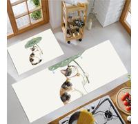 Tricolor Cat Lotus Leaf 2 Pieces Kitchen Floor Mats Rugs, Simple And Healing Kitchen Rugs Non Slip for Decoration, 43x75+43x150cm Door Mats for Hallway Dining Room and Entryway - Off White
