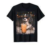 Tricolor Cavalier Spaniel Sipping Iced Coffee Value Graphic T-Shirt, Men, Black, L