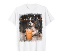 Tricolor Cavalier Spaniel Sipping Iced Coffee Value Graphic T-Shirt, Men, White, L