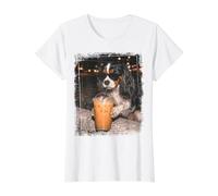 Tricolor Cavalier Spaniel Sipping Iced Coffee Value Graphic T-Shirt, Women, White, L