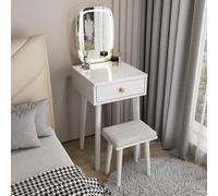 TriColor LED Makeup Vanity Table with Stool Small White Dresser & Storage Drawers Solid Rubber Wood LegsIdeal for Bedroom & Beauty Essentials.