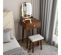 TriColor LED Walnut Vanity Table with Stool & Storage Drawers Compact Makeup Desk Stylish Dresser Set with Solid Rubber Wood Legs for Bedroom Decor