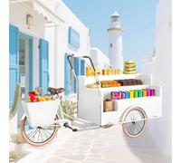 Tricycle Food Cart With Rear Seat Storage Rack, Food Vending Kiosk with Open Body Type 3-Layer Display Rack, Pedal Powered Flower Trailer for Street, Park,White
