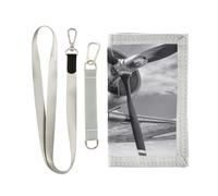 Trifold Nylon Wallet, Unisex Slim Purse With Key hook Chain ID Credit Card Case Holder for Bills Crash 9.05x4.92 inch Print Propeller of Aircraft Black White Vintage