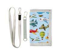 Trifold Nylon Wallet, Unisex Slim Purse With Key hook Chain ID Credit Card Case Holder for Bills Crash 9.05x4.92 inch Seamless Airplanes Aircraft Colorful On Sky
