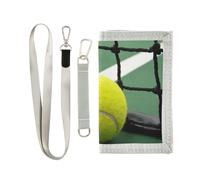 Trifold Nylon Wallet, Unisex Slim Purse With Key hook Chain ID Credit Card Case Holder for Bills Crash 9.05x4.92 inch Print Tennis Ball Near The Net Green