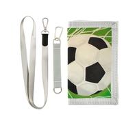 Trifold Nylon Wallet, Unisex Slim Purse With Key hook Chain ID Credit Card Case Holder for Bills Crash 9.05x4.92 inch Print Flying Soccer Ball On The Net Against Green