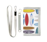 Trifold Nylon Wallet, Unisex Slim Purse With Key hook Chain ID Credit Card Case Holder for Bills Crash 9.05x4.92 inch Print Surfing Floral Surfing Boards Seamless On White