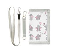 Trifold Nylon Wallet, Unisex Slim Purse With Key hook Chain ID Credit Card Case Holder for Bills Crash 9.05x4.92 inch Print Cute Elephants Pink Butterflies Seamless On White