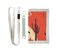 Trifold Nylon Wallet, Unisex Slim Purse With Key hook Chain ID Credit Card Case Holder for Bills Crash 9.05x4.92 inch Print Rodeo Cowboy Riding Bull Moon Cacti On Red Wild West
