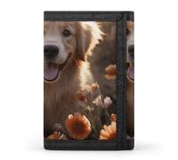 Trifold Wallet for Men, Fox in The Woods Coin Purse Slim Money Clip Credit Card Holder with 8 Card Slots, Golden Retriever and Flowers, One Size, Modern