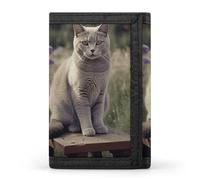 TriFold Wallet with 8 Card Slots & Keychain | Durable Polyester | Compact Gray Cat in Flower Field Wallet for Travel