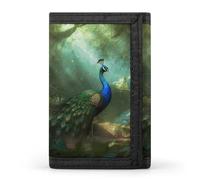 TriFold Wallet with 8 Card Slots & Keychain | Durable Polyester | Compact Peacock in Forest Wallet for Travel