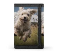 TriFold Wallet with 8 Card Slots & Keychain | Durable Polyester | Compact White Dog in The Field Wallet for Travel