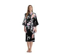 Trifolium Kimono - Silky Satin Bath Gown with Peacock & Blossoms Print Kimono Black Factory Label L UK 18-20 (NG8701-L-BK-1PC)