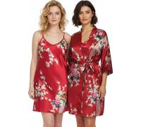 Trifolium Kimono - Silky Satin Bath Gown with Peacock & Blossoms Print Kimono + Chemise Red Factory Label XL UK 22-24 (NG8701-XL-RD-2PC)