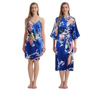 Trifolium Kimono - Silky Satin Bath Gown with Peacock & Blossoms Print Kimono + Chemise Royal Blue Factory Label M UK 14-16 (NG8701-M-RBL-2PC)