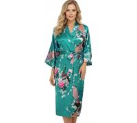 Trifolium Kimono - Silky Satin Bath Gown with Peacock & Blossoms Print Kimono Turquoise Factory Label S UK 10-12 (NG8701-S-TQ-1PC)