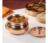 Trifri Traditional Copper Handi with Lid - Hammered Finish Indian Cookware with Stainless Steel Lining & Brass Knob | Ideal for Curries, Biryanis & Slow Cooking | Durable Kitchen Serveware
