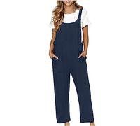 TRIGLICOLEUM Jumpsuit Women's Elegant Cotton Linen Dungarees Large Sizes Sleeveless Jumpsuit Summer Playsuit Vintage Plain Work Trousers Onesie Casual Trousers Loose One Piece with Pockets Trouser