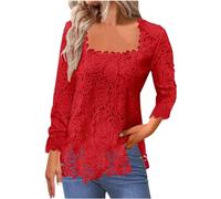 TRIGLICOLEUM Lace Tops, Women's Elegant Plain Long Sleeve Shirt, Hollow Floral Tops, Pullover with Square Neck, Long Tops with Lace Seam, Long Sleeve Tunic Shirt, Long Blouse Tops, red, L