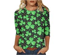 TRIGLICOLEUM Women's St. Patrick's Day 3/4 Sleeve Blouse Tunic Tops Pullover with O-Neck Retro Clover Leaf Print Shirt Irish Long Sleeve Shirt Festive Basic Tops Breathable Jumper