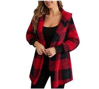 TRIGLIKOLEUM Checked Plush Jacket Women's Elegant Cardigan Jacket with Hood Lightweight Warm Winter Jacket Long Sleeve Hooded Jacket Winter Plush Coat Shirt Jacket Checked Jacket Winter Coat Women's