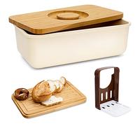 Triiter Bread Box With Bamboo Wood Cutting Board Lid & Bread Slicer Holder, Rectangular Cream Color Bread Keeper Container For Kitchen Countertop, 14.8 x 8.4 x 5.3in