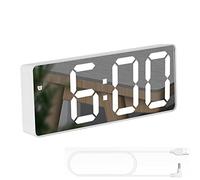 TriLine LED Digital Desk Clock, Bedside Acrylic/Mirror Large Screen Alarm Voice Control Snooze Time Date Temperature Display Night Mode (White)