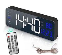 TriLine LED Large Digital Wall Clock for Living Room, Bedroom with Remote Control, 16 Inch LED Desk Clock Temperature, Date, Week, Dual Alarms, 10 Level Dimming, Count Up& Down (Blue)