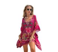 Trillion London Women's Viscose Cotton Kaftan Beach Cover Up Maxi Dress | Bikini & Swim Cover Up | Holidays Loungewear | Women Swimwear | UK 6 to 14 Fuchsia Multi