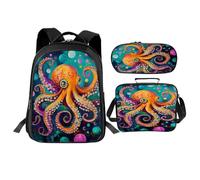 Trimety Octopus Backpack Set 3 Piece School Bags and Lunch Box with Pencil Case Octopus Bookbag Set for Toddler Kids Girls Boys Teens Kindergarten Elementary Middle