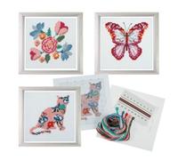Trimits 3Pk Cross Stitch Bundle - Butterfly, Cat, Flowers, 13X13Cm Beginner Kits, Complete With Threads & Instructions
