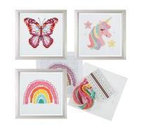 Trimits 3PK Cross Stitch Bundle - Counted Embroidery Kit, Beginner & All Level Starter Set, Complete with Instructions & Thread Children Wall Home DIY Décor - 13x13cm - Rainbow, Unicorn, Butterfly