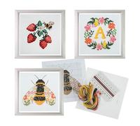 Trimits 3PK Cross Stitch Bundle - Counted Embroidery Kit, Beginner & All Level Starter Set, Complete with Instructions & Thread Children Wall Home DIY Décor - 13x13cm - Stawberries, Bee, Floral Reef