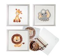 Trimits 3PK Cross Stitch Bundle - Counted Embroidery Kit, Beginner & All Level Starter Set, Complete with Instructions & Thread Children Wall Home DIY Décor - 13x13cm - Giraffe, Elephant, Lion