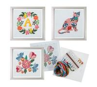 Trimits 3Pk Cross Stitch Bundle - Floral Reef, Cat, Flowers, 13X13Cm Beginner Kits, Complete With Threads & Instructions