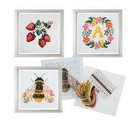 Trimits 3Pk Cross Stitch Bundle - Stawberries, Bee, Floral Reef, 13X13Cm Beginner Kits, Complete With Threads & Instructions