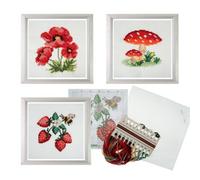 Trimits 3Pk Cross Stitch Bundle - Toadstool, Strawberries, Poppies, 13X13Cm Beginner Kits, Complete With Threads & Instructions