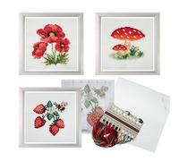 Trimits 3PK Cross Stitch Kits for Adults Beginners - Pre Printed Cross Stitch Kit, Beginners Embroidery Kit for Adults & Kids, Complete Embroidery Starter Set - 13x13cm, Toadstool/Strawberries/Poppies