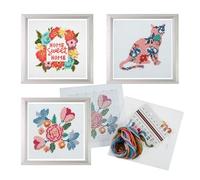 Trimits 3PK Cross Stitch Kits for Adults Beginners - Pre Printed Cross Stitch Kit, Beginners Embroidery Kit for Adults & Kids, Complete DIY Embroidery Starter Set - 13x13cm, Sweet Home/Cat/Flowers