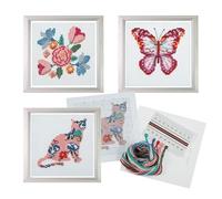 Trimits 3PK Cross Stitch Kits for Adults Beginners - Pre Printed Cross Stitch Kit, Beginners Embroidery Kit for Adults & Kids, Complete DIY Embroidery Starter Set - 13x13cm, Butterfly/Cat/Flowers