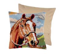 Trimits Cross Stitch Cushion Kit, Cushion Back Included, Pre Printed Canvas, Yarn and Needle Included 40 x 40cm (15.75 x 15.75in), Horse Brown