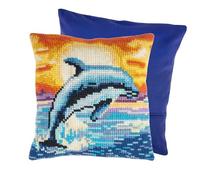 Trimits Cross Stitch Cushion Kit, Cushion Back Included, Pre Printed Canvas, Yarn and Needle Included 40 x 40cm (15.75 x 15.75in), Dolphin