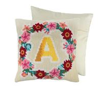 Trimits Cross Stitch Cushion Kit, Cushion Back Included, Pre Printed Canvas, Yarn and Needle Included 40 x 40cm (15.75 x 15.75in), Monogram Wreath