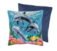 Trimits Cross Stitch Cushion Kit, Cushion Back Included, Pre Printed Canvas, Yarn and Needle Included 40 x 40cm (15.75 x 15.75in), Dolphins
