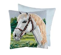 Trimits Cross Stitch Cushion Kit, Cushion Back Included, Pre Printed Canvas, Yarn and Needle Included 40 x 40cm (15.75 x 15.75in), Horse White